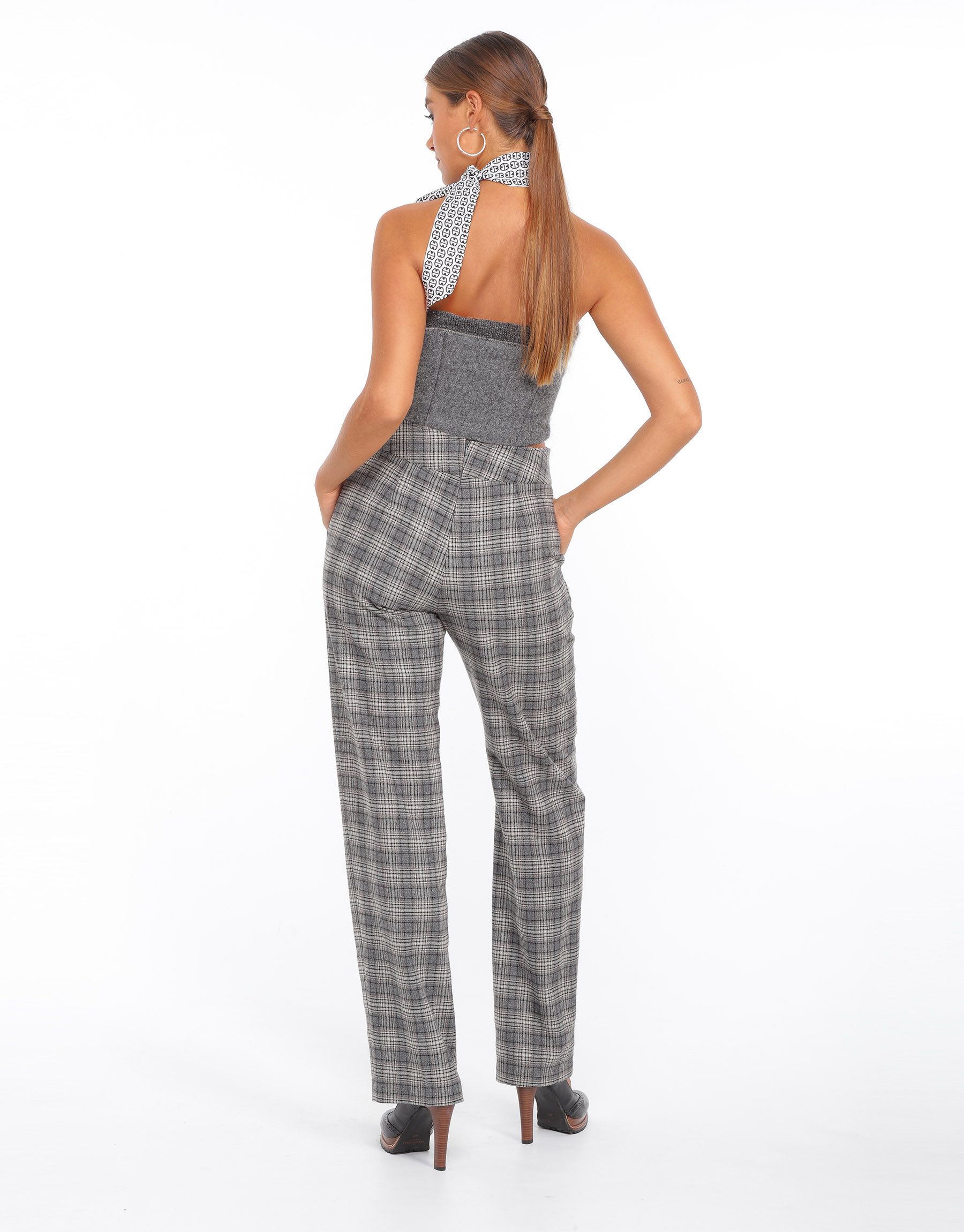 High-waisted straight wool trousers with grey, black and white checkered